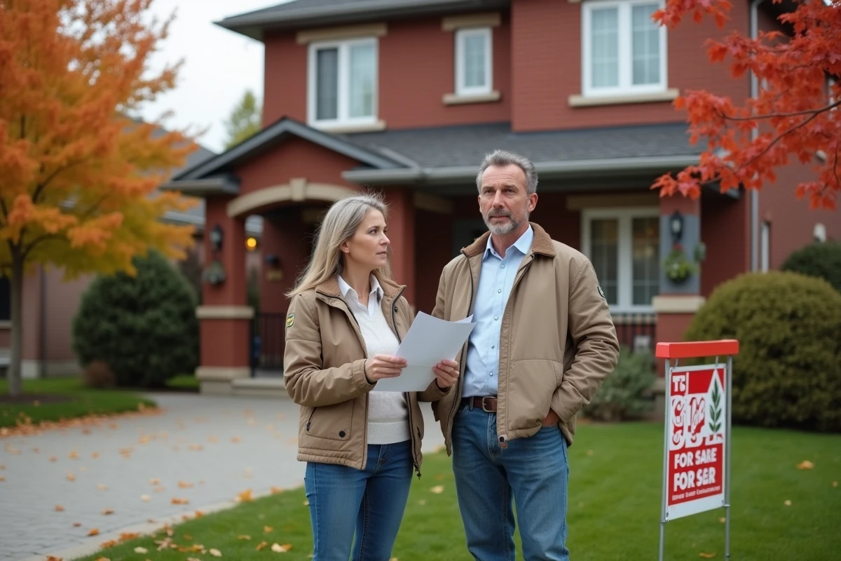 Couple français devant une maison canadienne à vendre en automne