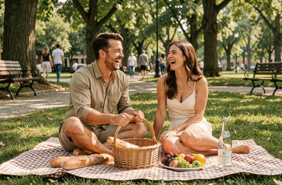 Couple riant lors d'un pique-nique en plein air dans un parc urbain, incarnant l'équilibre entre profiter de la vie et vivre le carpe diem sans excès