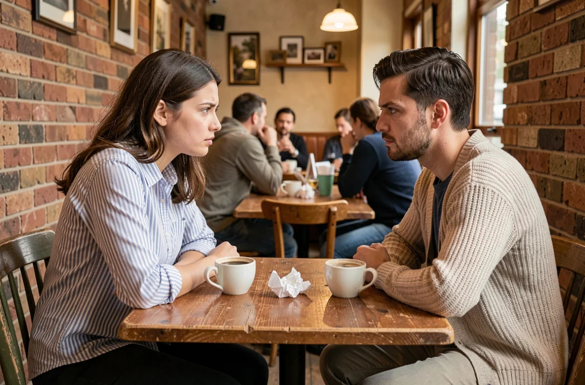 Couple en tension dans un café, langage corporel froid évoquant une conversation de rupture et trahison amoureuse