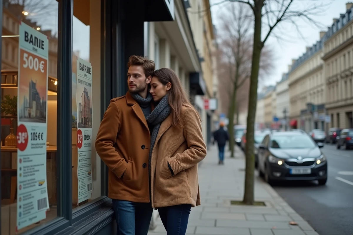 Couple observant les annonces immobilières en vitrine d'une agence dans une rue française en automne