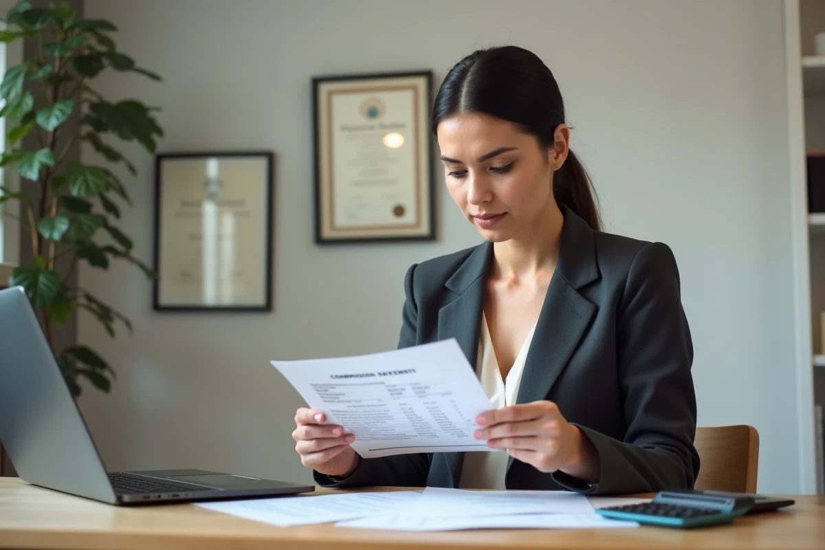 Courtière hypothécaire analysant un relevé de commission dans son bureau à domicile