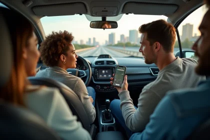 Trois adultes partageant un trajet en covoiturage dans une voiture moderne sur une autoroute urbaine, avec une application de covoiturage visible sur le téléphone de la conductrice