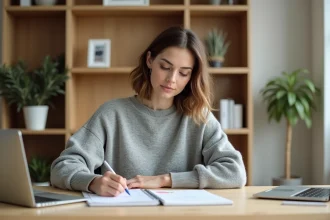 Femme créant une checklist interactive sur papier dans un bureau à domicile bien organisé