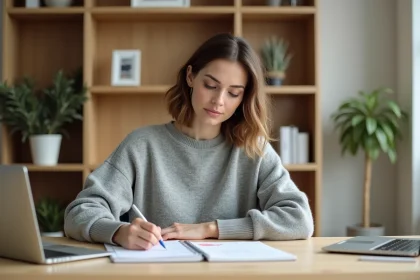 Femme créant une checklist interactive sur papier dans un bureau à domicile bien organisé