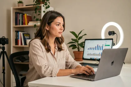 Créatrice de contenu adulte analysant ses statistiques sur un ordinateur portable dans un bureau à domicile moderne