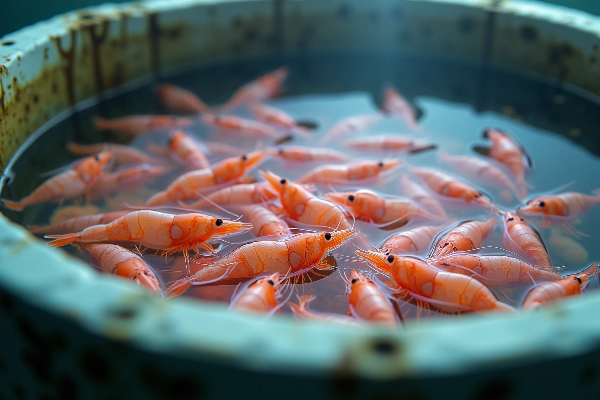 Crevettes roses vivantes en gros plan dans un bassin de ferme aquacole en circuit recirculé