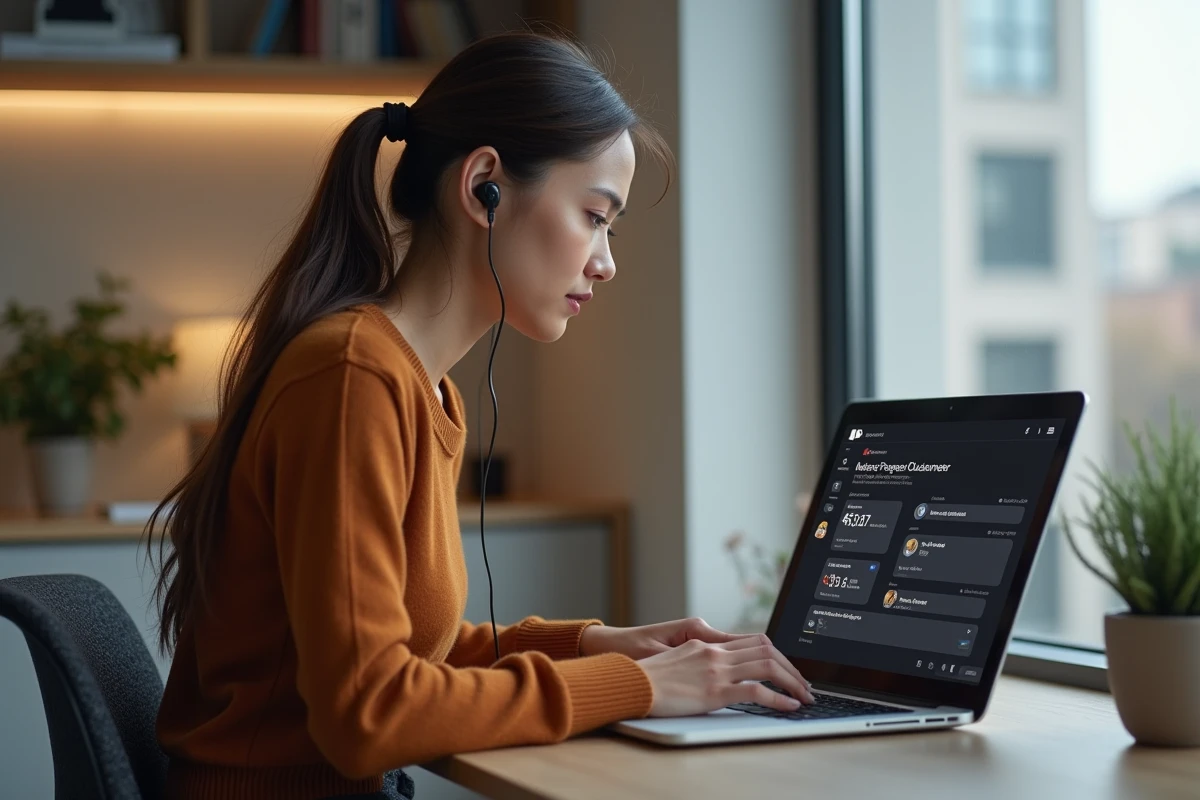 Jeune femme utilisant un tableau de bord d'intelligence artificielle pour gérer l'expérience client numérique depuis son bureau à domicile