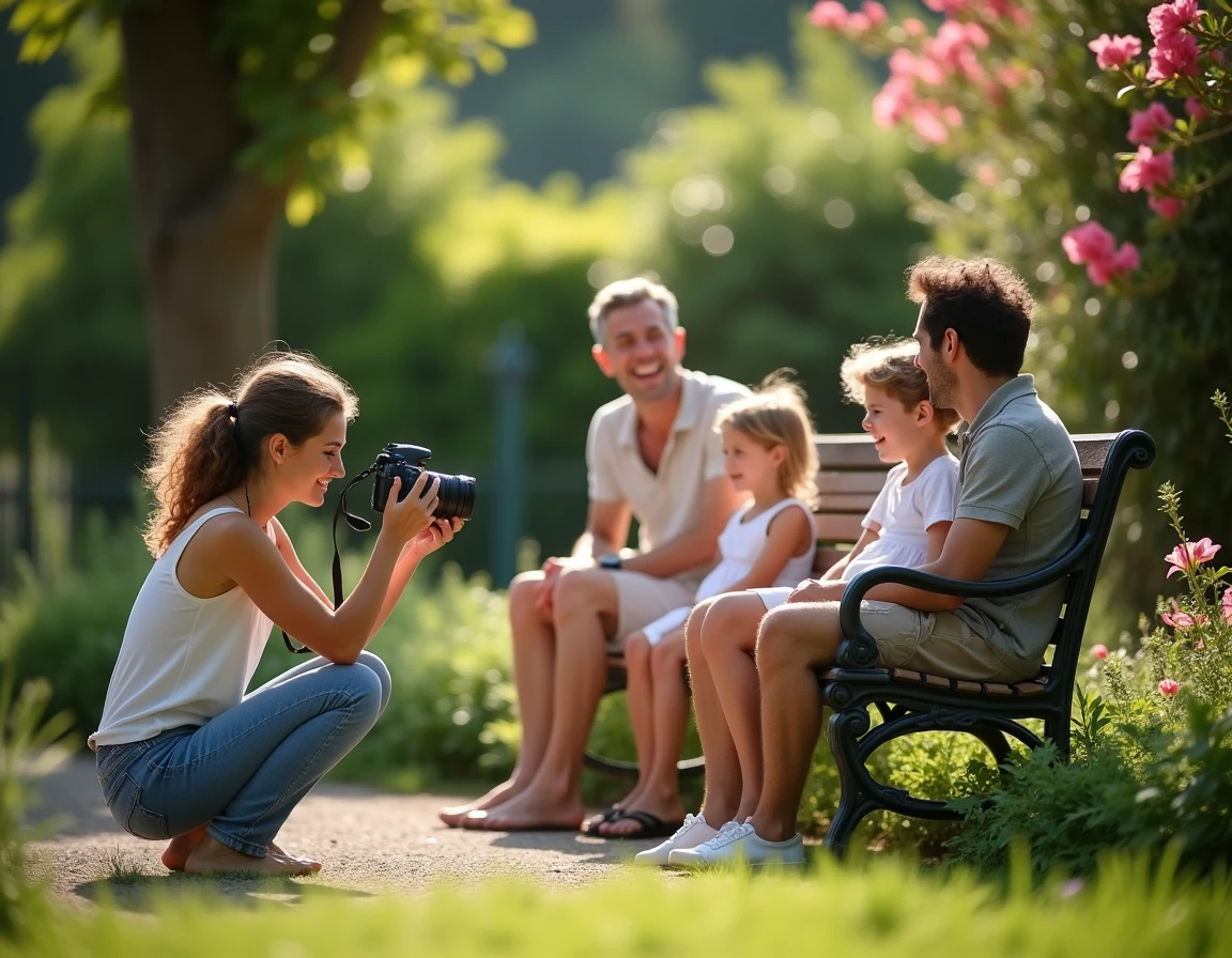 Photographe portraitiste féminine photographiant une famille dans un parc verdoyant de Nice avec des fleurs méditerranéennes