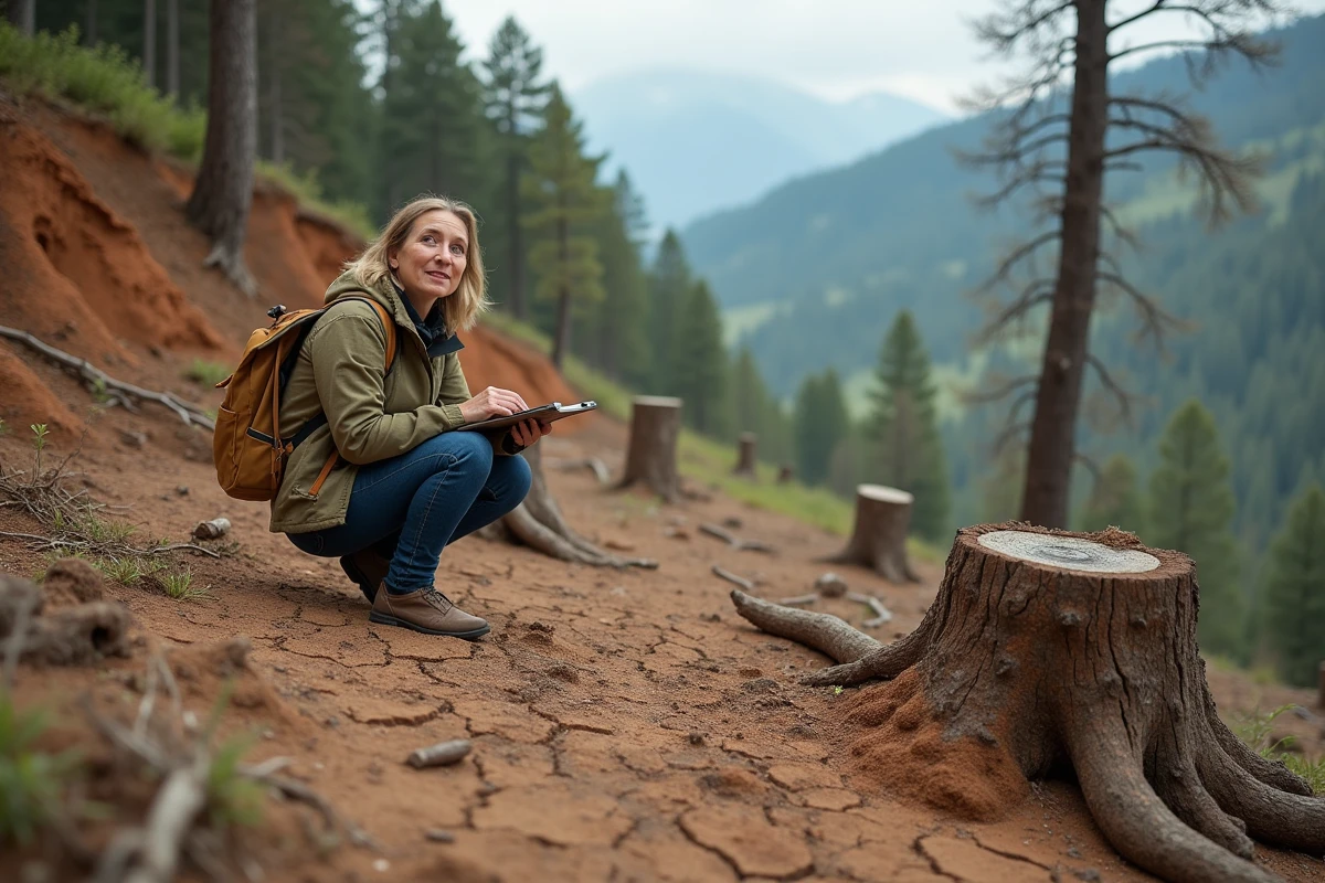 Une femme scientifique examine un sol érodé sur une colline déboisée dans une forêt tempérée