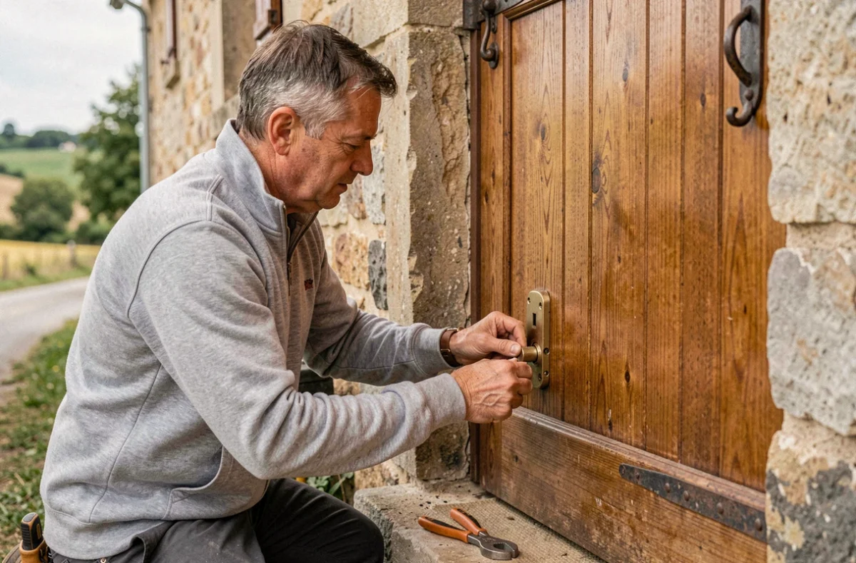 Artisan référencé Depanneo remplaçant une serrure encastrée sur la porte d'une ferme en Saône-et-Loire