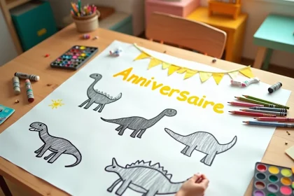 Dessins de dinosaures à la main sur papier blanc avec crayons de couleur et décoration d'anniversaire pour enfants