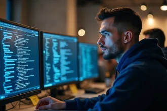Développeur analysant des transactions blockchain sur deux écrans dans un bureau technologique moderne