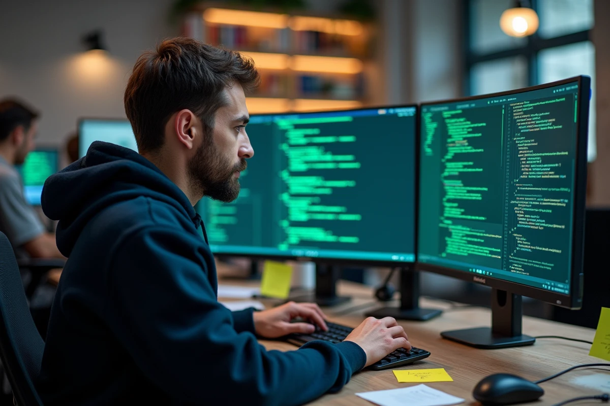 Développeur informatique consultant du code GitHub sur un écran ultrawide dans un bureau moderne, illustrant la question de l'entraînement de ChatGPT sur des données GitHub