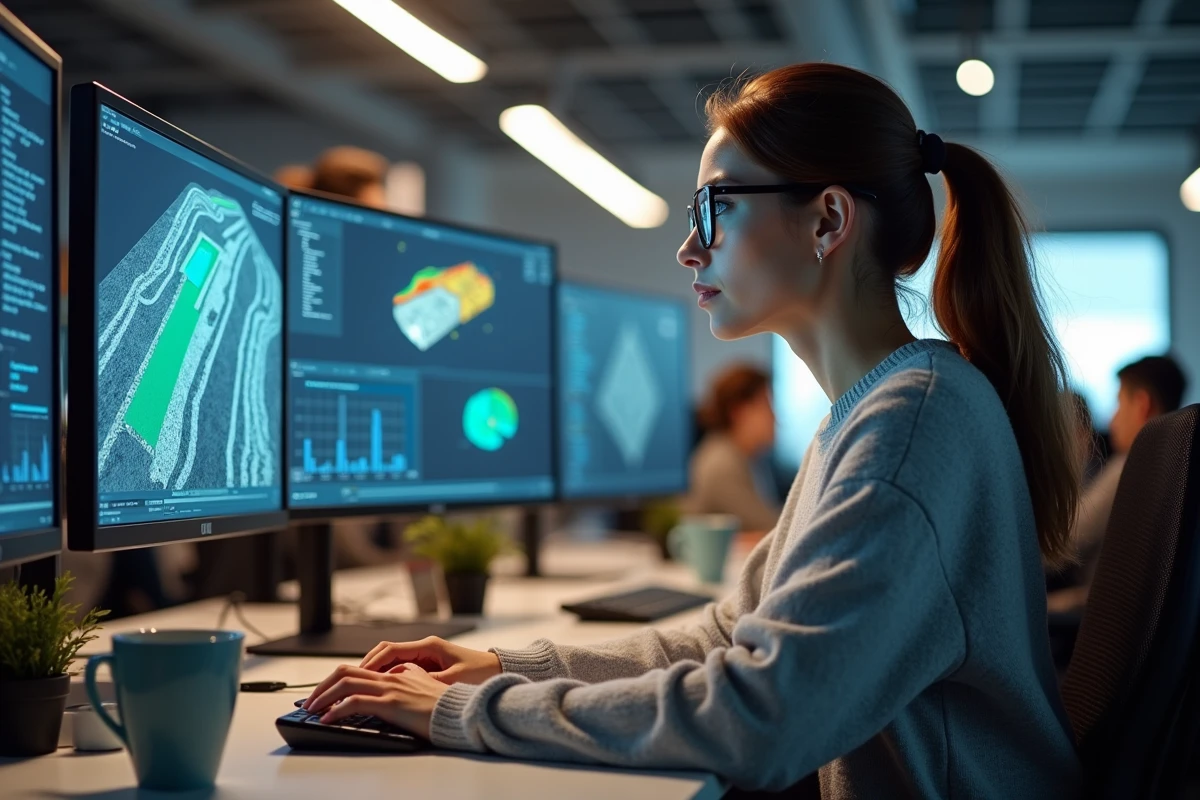Développeuse logicielle travaillant sur des simulations de conduite autonome dans un bureau technologique moderne