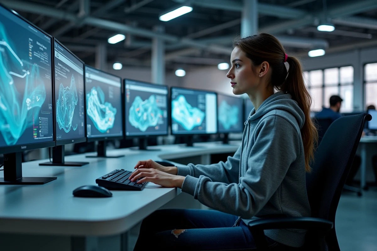 Développeuse logicielle travaillant sur des algorithmes de cartographie pour voitures autonomes dans un laboratoire de simulation