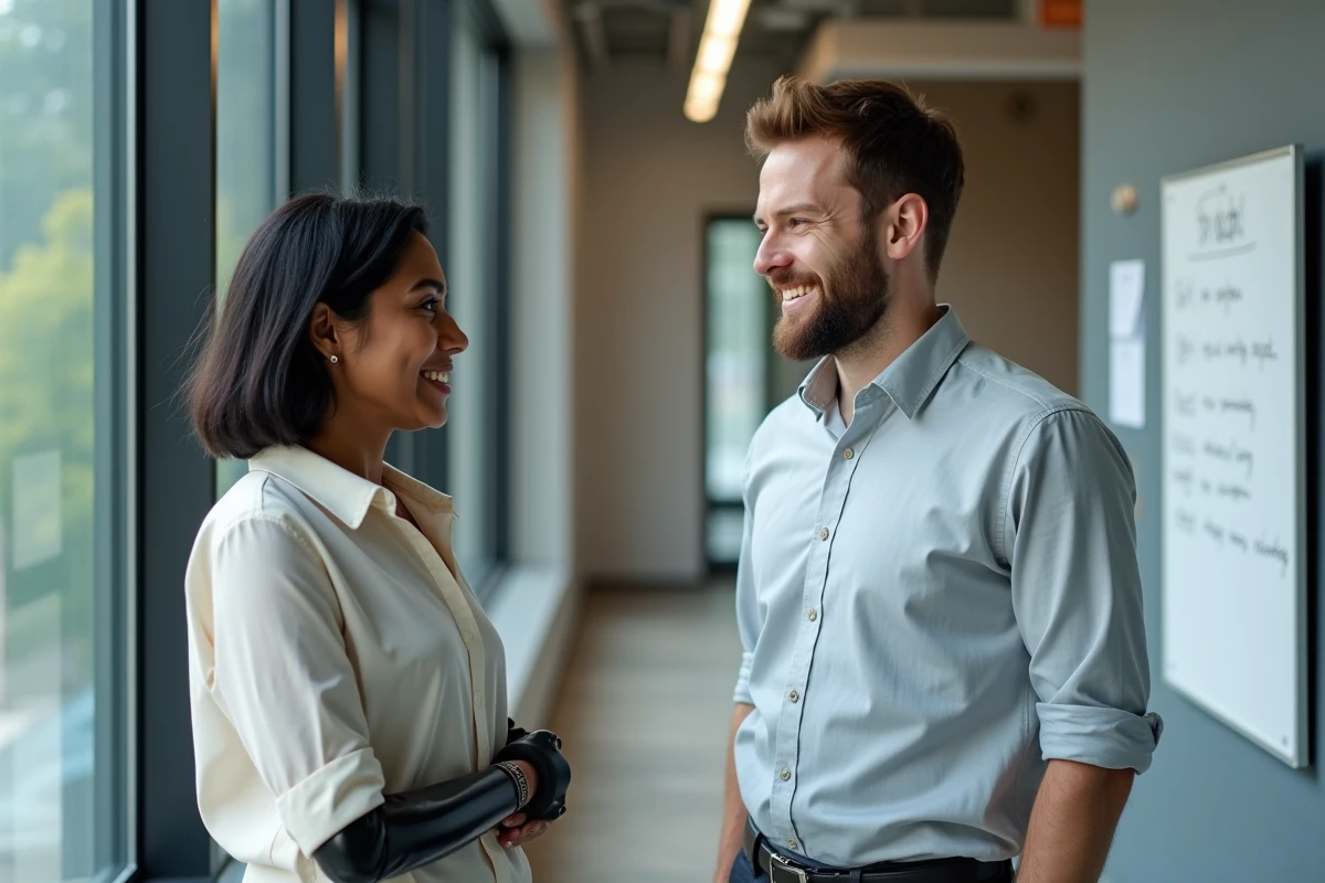 Deux collègues bienveillants en conversation inclusive dans un couloir de bureau contemporain