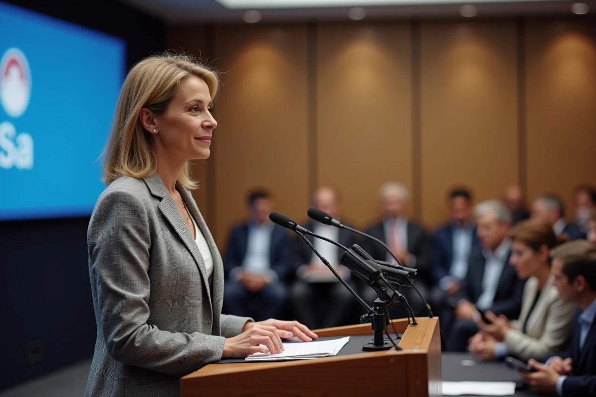 Porte-parole féminine prenant la parole lors d'une conférence de presse pour diffuser des messages de crise