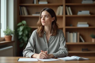 Femme pensive dans un bureau à domicile illustrant la notion de vie privée et d'intimité personnelle
