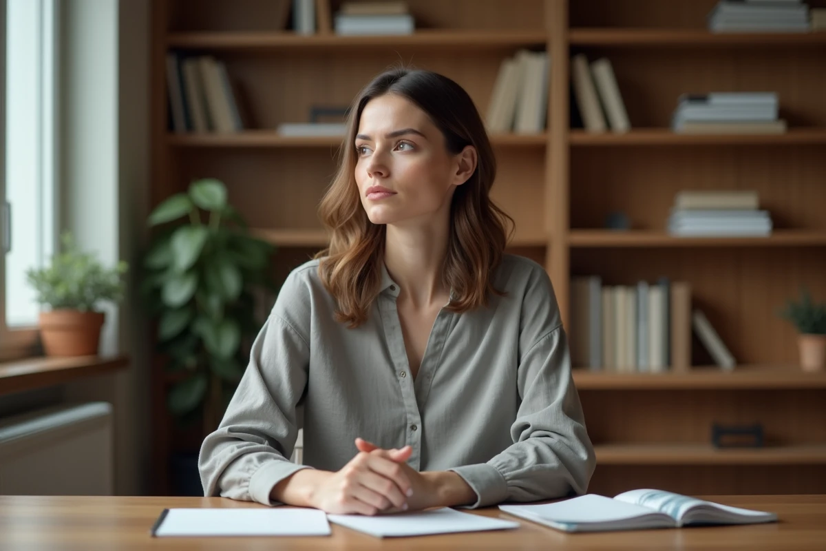 Femme pensive dans un bureau à domicile illustrant la notion de vie privée et d'intimité personnelle