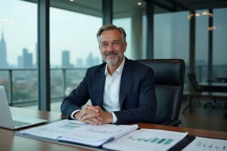 Cadre dirigeant d'entreprise assis derrière un bureau avec des graphiques financiers en hausse, symbolisant les profits corporatifs pendant l'inflation