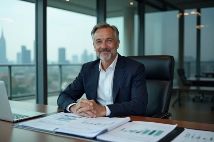 Cadre dirigeant d'entreprise assis derrière un bureau avec des graphiques financiers en hausse, symbolisant les profits corporatifs pendant l'inflation