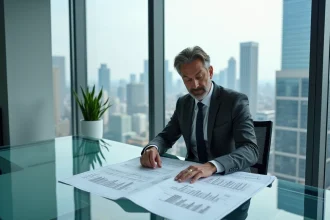 Dirigeant d'une grande société d'investissement immobilier analysant des plans et documents financiers dans un bureau en hauteur avec vue sur la skyline urbaine