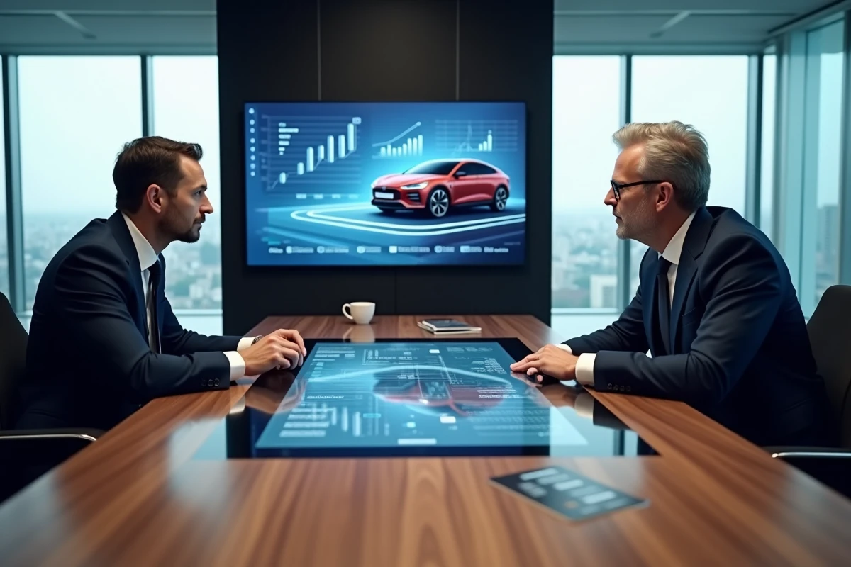 Dirigeants de Stellantis en réunion stratégique autour d'une table interactive avec données de marché automobile et projections financières
