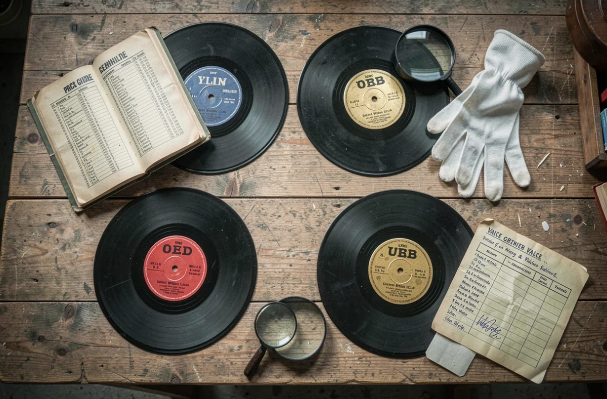 Vue en plongée de disques 78 tours vintage avec guide de valeur, loupe et gants de collectionneur sur table en chêne