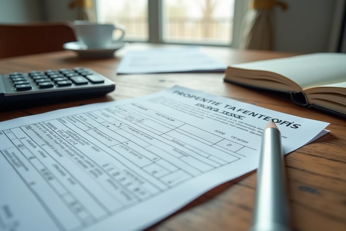 Documents fiscaux français incluant un avis de taxe foncière et une déclaration de revenus locatifs posés sur une table