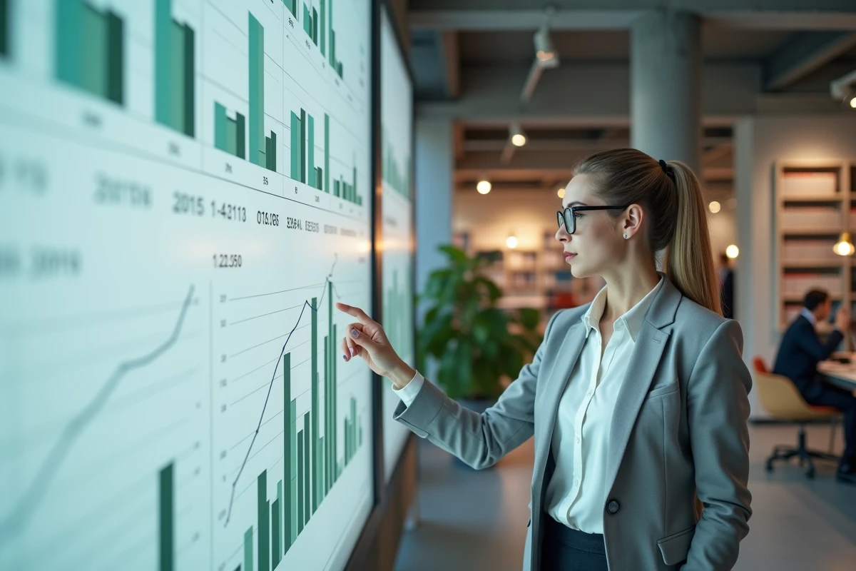 Économiste analysant les projections budgétaires 2026 devant un graphique fiscal dans un bureau ministériel moderne