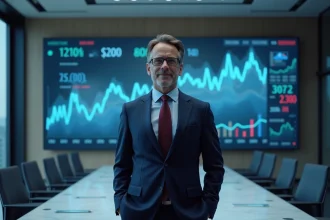 Économiste devant un tableau de bord financier affichant des courbes de taux d'intérêt dans une salle de réunion de banque centrale moderne