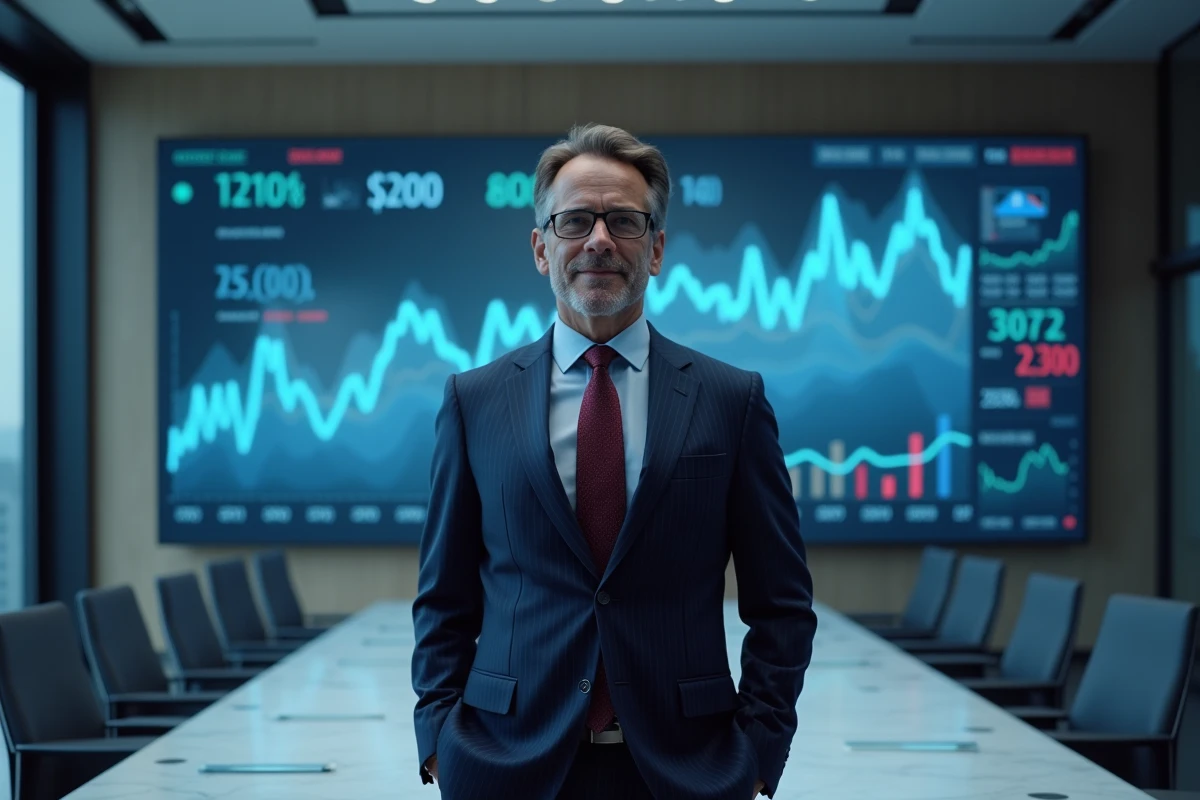 Économiste devant un tableau de bord financier affichant des courbes de taux d'intérêt dans une salle de réunion de banque centrale moderne