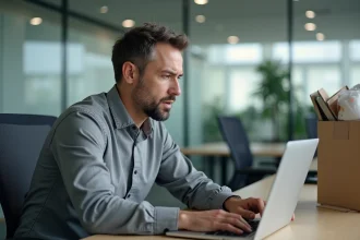 Employé de bureau inquiet face à un écran d'automatisation, symbolisant l'impact de l'IA sur l'emploi