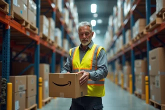 Employé d'entrepôt Amazon scannant un colis dans un centre de distribution avec des rangées de boîtes en arrière-plan