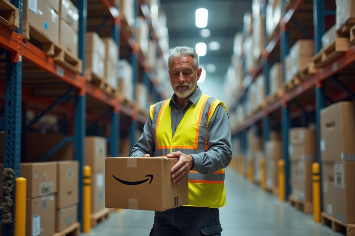 Employé d'entrepôt Amazon scannant un colis dans un centre de distribution avec des rangées de boîtes en arrière-plan