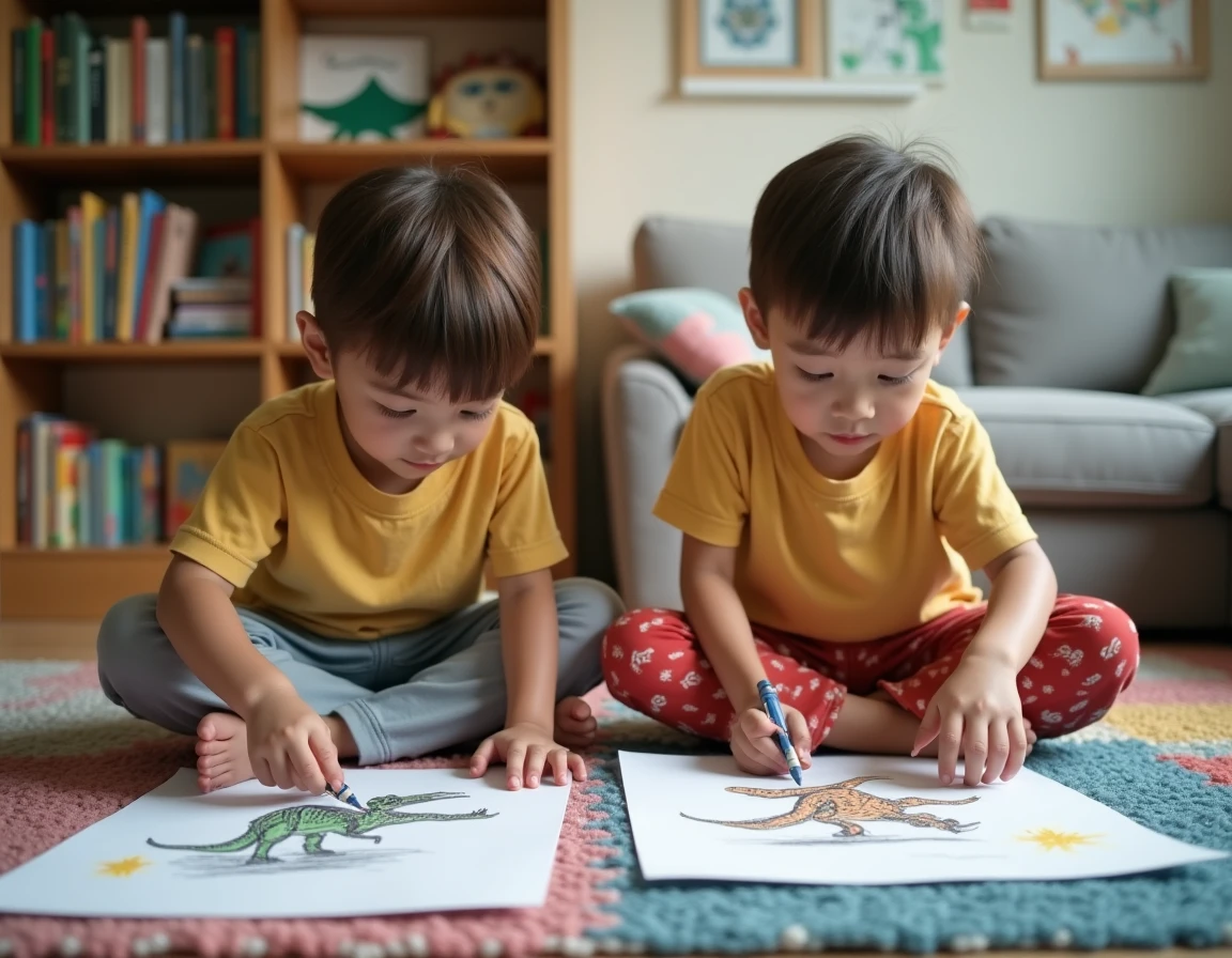 Deux enfants dessinant des dinosaures sur du papier assis sur un tapis coloré dans un salon, activité créative anniversaire