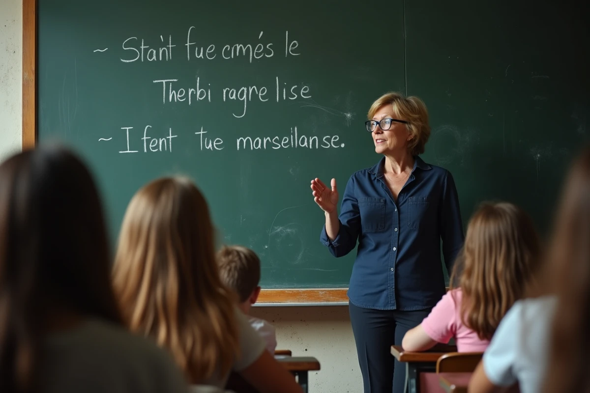 Enseignante française expliquant les paroles et l'histoire de la Marseillaise devant un tableau noir dans une salle de classe
