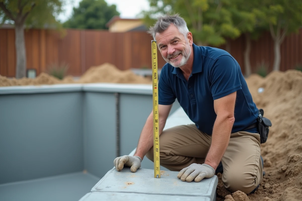 Entrepreneur en piscine mesurant la profondeur d'une piscine en construction en Californie avec un mètre ruban dans le bassin vide