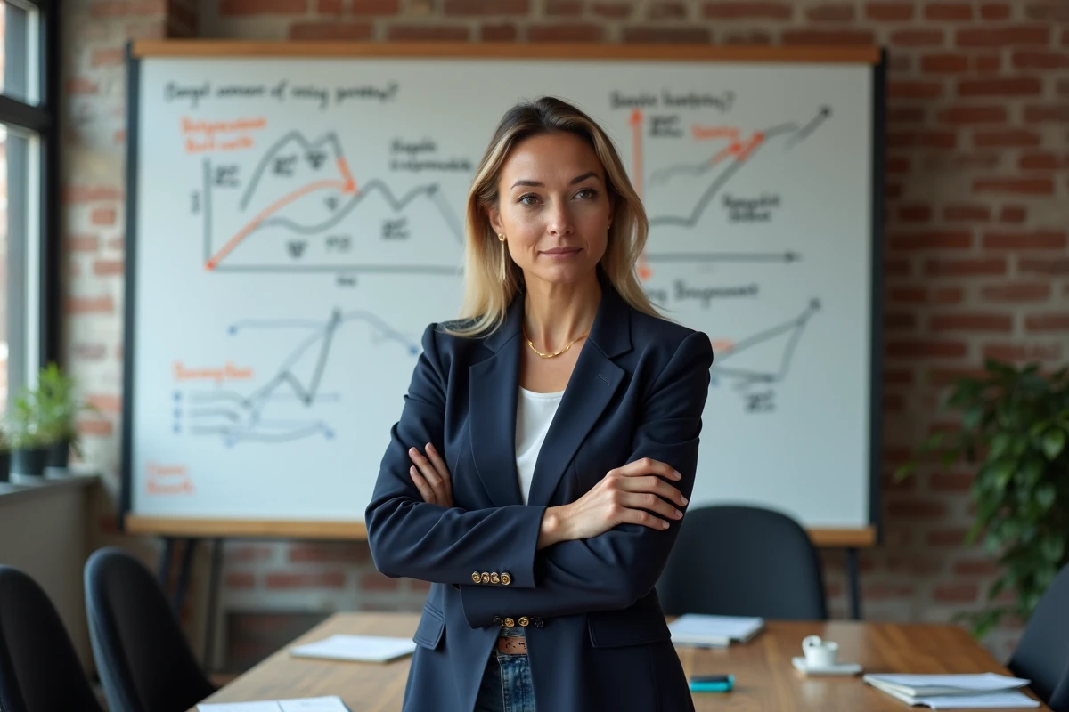 Entrepreneuse remettant en question les métriques de retour sur investissement devant un tableau blanc stratégique