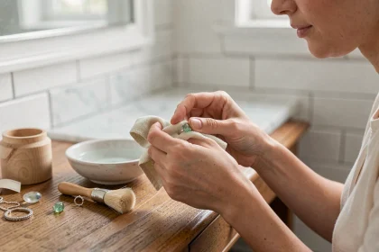 Femme entretenant une bague ornée d'une pierre verte claire avec un chiffon microfibre sur une coiffeuse en bois