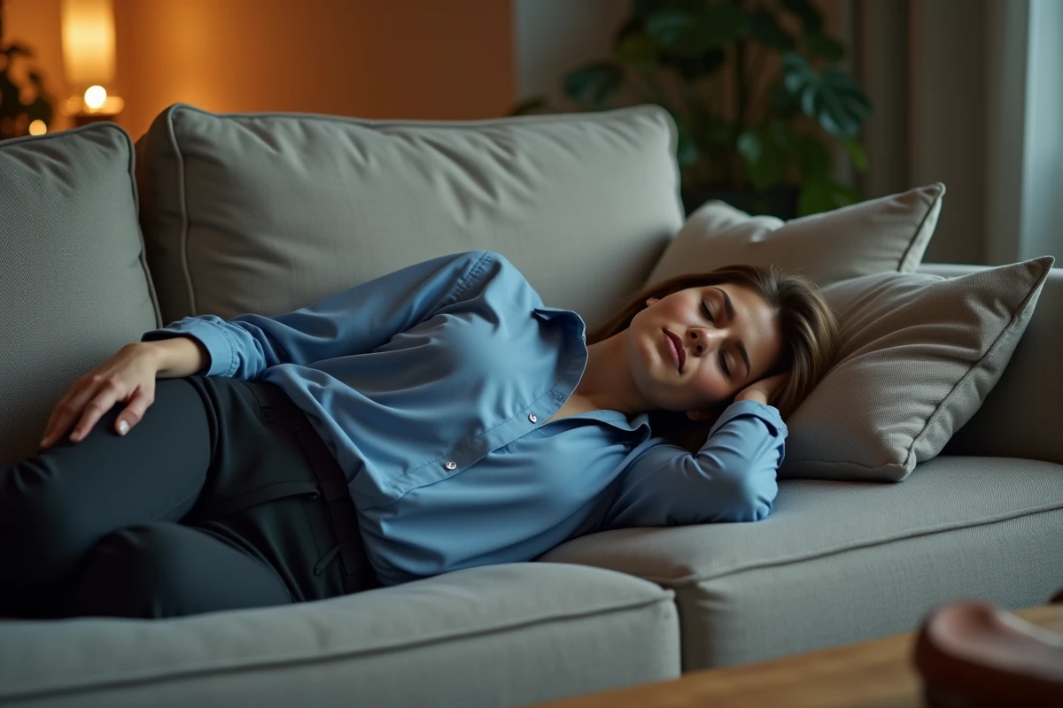 Jeune femme effondrée sur un canapé en rentrant du travail, habillée en tenue professionnelle, illustrant l'épuisement mental et le burn-out au quotidien