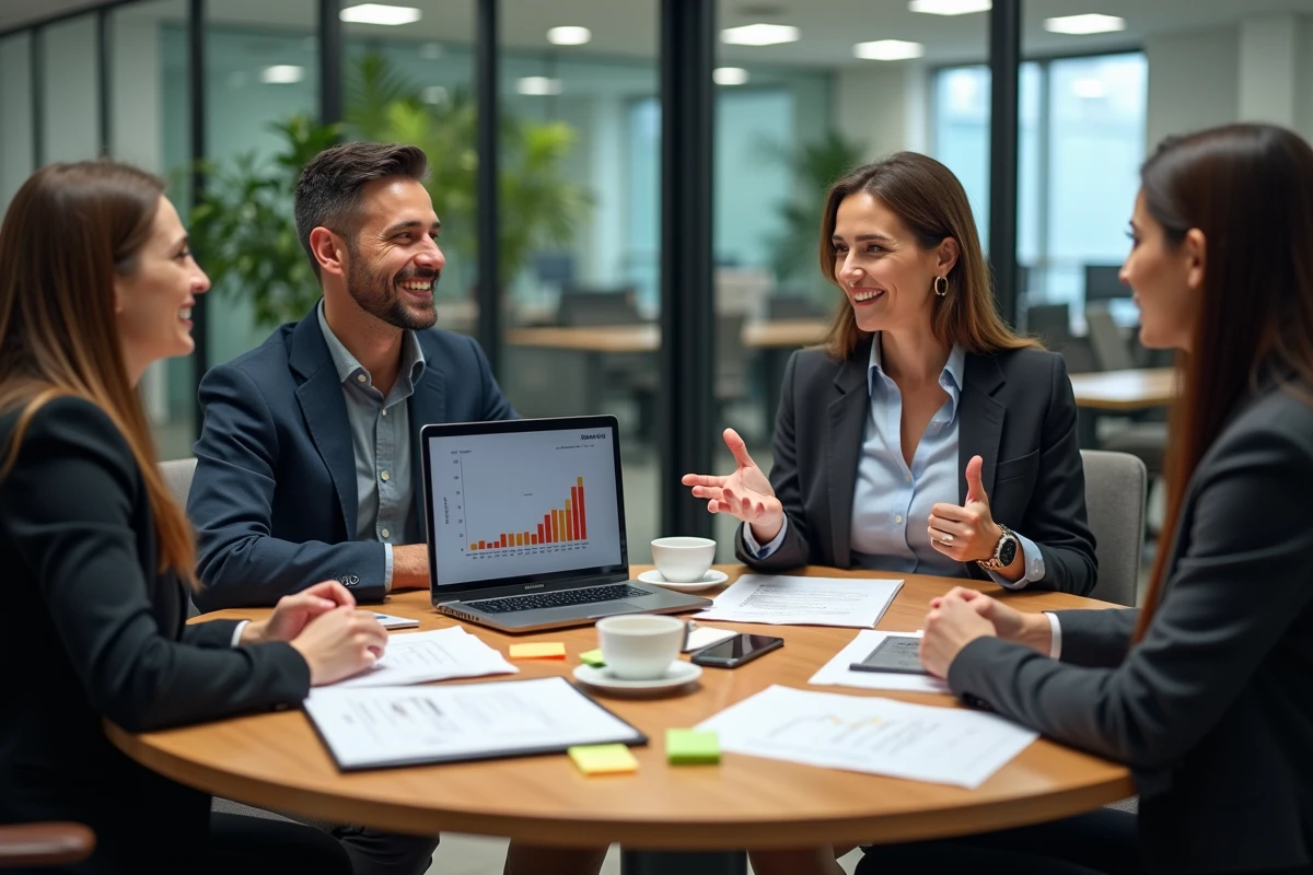 Équipe de professionnels discutant des différentes stratégies de développement autour d'une table de réunion