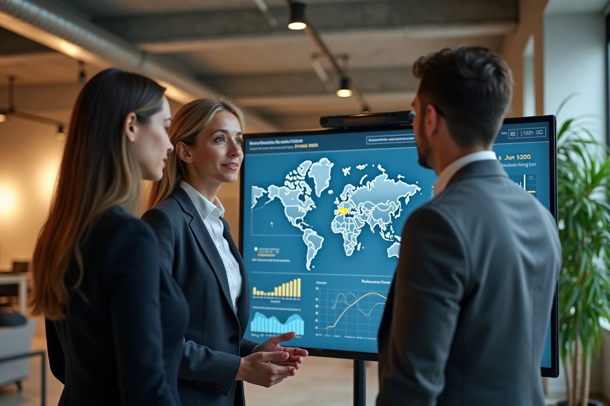 Équipe d'investisseurs professionnels analysant un portefeuille immobilier sur un écran interactif dans les locaux d'une grande société d'investissement
