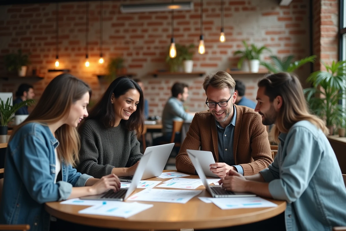Équipe de collègues en réunion autour d'une table dans un espace de coworking discutant d'un projet de partenariat