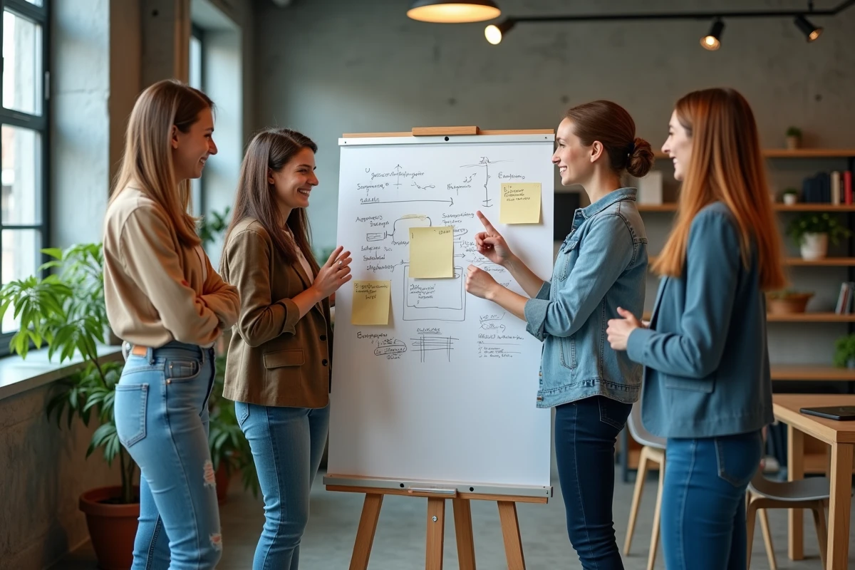 Équipe de professionnels collaborant autour d'un tableau blanc rempli de notes pour développer un projet innovant
