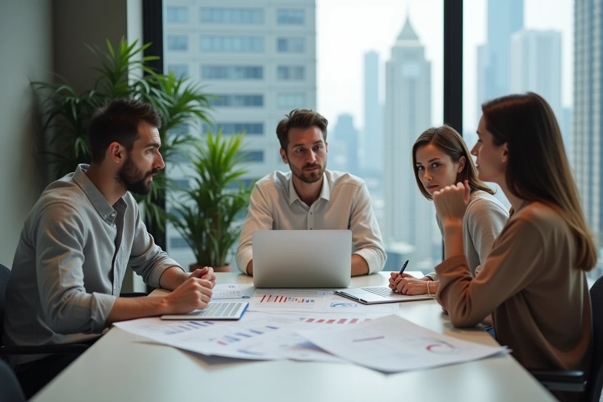 Équipe de professionnels en réunion questionnant la pertinence du retour sur investissement autour d'une table