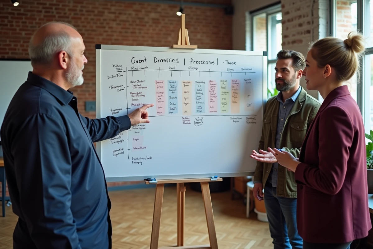 Équipe de professionnels en réunion autour d'un tableau blanc avec un planning événementiel détaillé