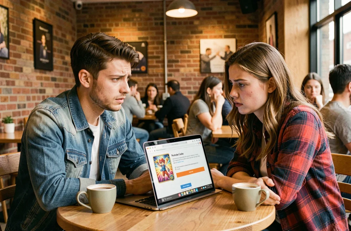 Deux amis dans un café regardant ensemble une erreur lors d'un achat de codes Pokémon TCG Online sur un ordinateur portable