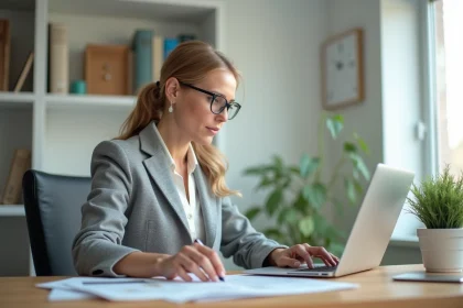 Femme estimant la valeur de sa maison en ligne sur un ordinateur portable dans un bureau moderne