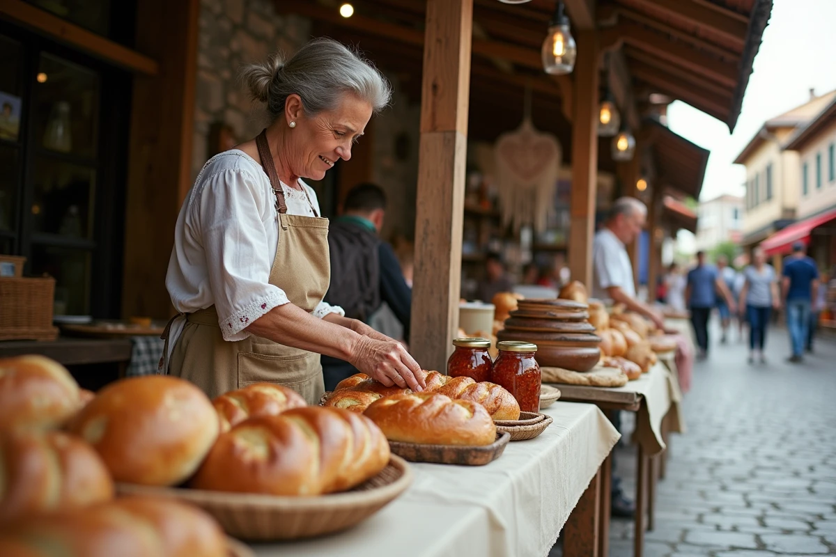 Femme en costume traditionnel présentant des pâtisseries artisanales et des conserves sur un étal de marché lors d'une fête locale